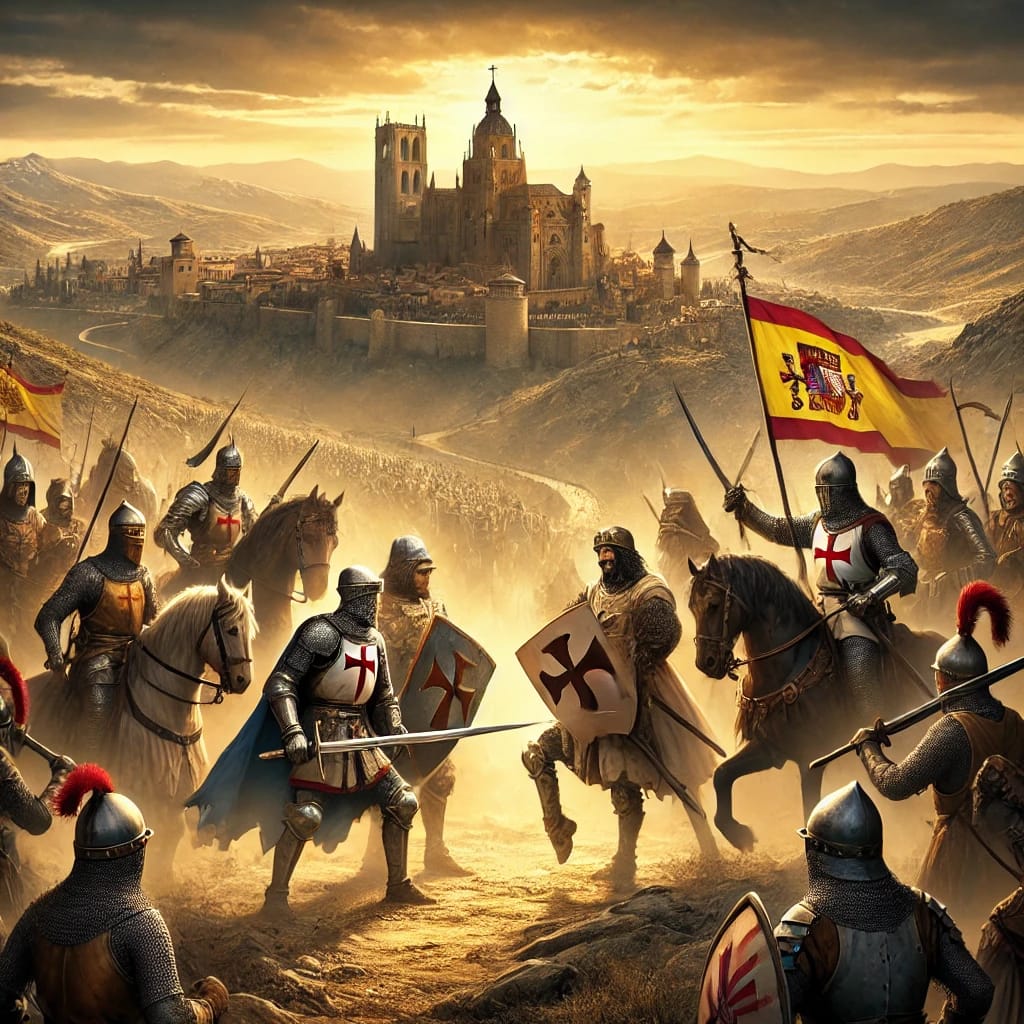 Imagen épica de la Reconquista de España, mostrando la lucha entre caballeros cristianos y guerreros musulmanes con Toledo al fondo.